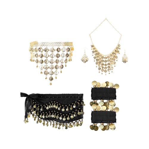 inlzdz Damen Bauchtanz Kostüm Set Indische Tanzkostüm Tribal Tanz Zubehör Schleier Wickelrock mit Armband Belly Dance Outfit A Schwarz Einheitsgröße von inlzdz