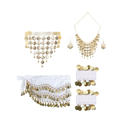 inlzdz Damen Bauchtanz Kostüm Set Indische Tanzkostüm Tribal Tanz Zubehör Schleier Wickelrock mit Armband Belly Dance Outfit A Weiß Einheitsgröße von inlzdz