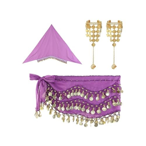 inlzdz Damen Bauchtanz Kostüm Set Indische Tanzkostüm Tribal Tanz Zubehör Schleier Wickelrock mit Armband Belly Dance Outfit B Lila Einheitsgröße von inlzdz