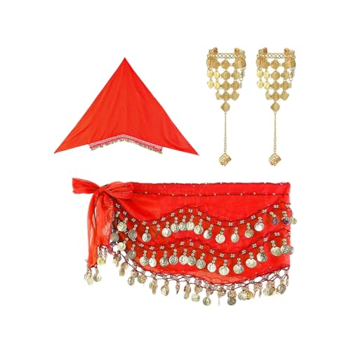 inlzdz Damen Bauchtanz Kostüm Set Indische Tanzkostüm Tribal Tanz Zubehör Schleier Wickelrock mit Armband Belly Dance Outfit B Rot Einheitsgröße von inlzdz