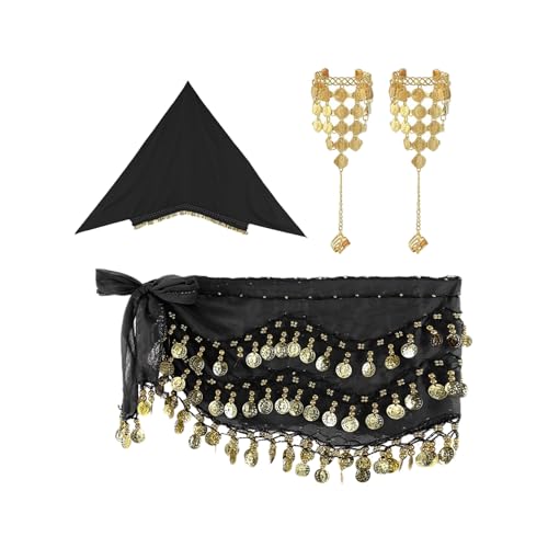 inlzdz Damen Bauchtanz Kostüm Set Indische Tanzkostüm Tribal Tanz Zubehör Schleier Wickelrock mit Armband Belly Dance Outfit B Schwarz Einheitsgröße von inlzdz