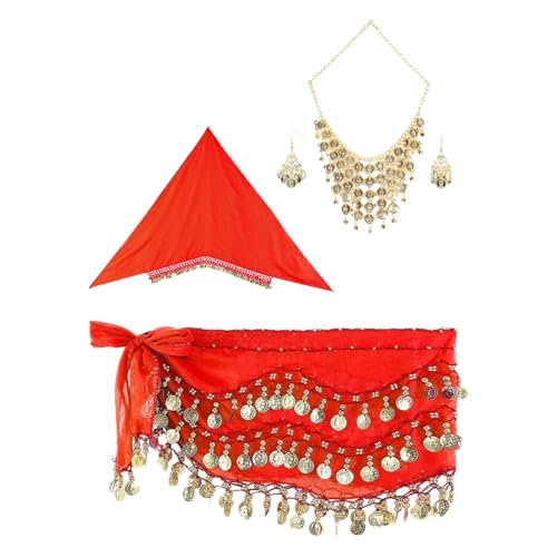 inlzdz Damen Bauchtanz Kostüm Set Indische Tanzkostüm Tribal Tanz Zubehör Schleier Wickelrock mit Armband Belly Dance Outfit C Rot Einheitsgröße von inlzdz