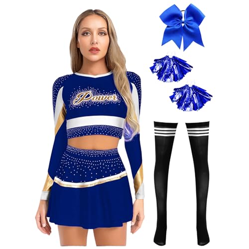 inlzdz Damen Cheerleaderin Kostüm Set Crop Top Langarm Kurz Minirock Faltenrock Schulmädchen Uniform Tanz Fasching Karneval Kostüm Königsblau XXL von inlzdz