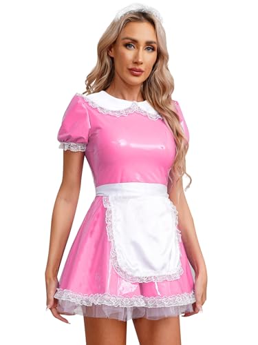 inlzdz Damen Dienstmädchen Kostüm Wetlook Lack Leder Kleider+ Schürze+Halsband French Maid Uniform Outfit Dessous Set Halloween Faschings Kostüm S Hot Pink 5XL von inlzdz