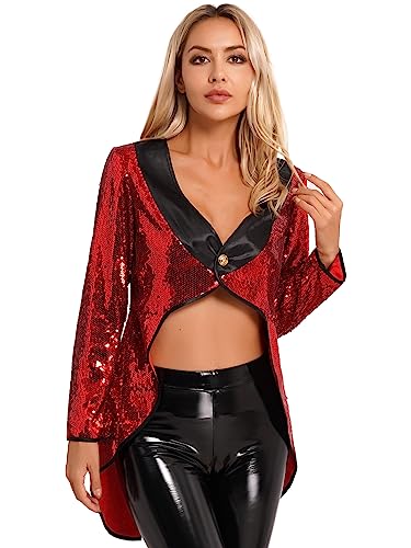 inlzdz Damen Pailletten Zauberer Frack Jacke Smoking Oberbekleidung Frauen Roter Damenfrack Halloween Verkleiden Zirkus Kostüm Rot S von inlzdz