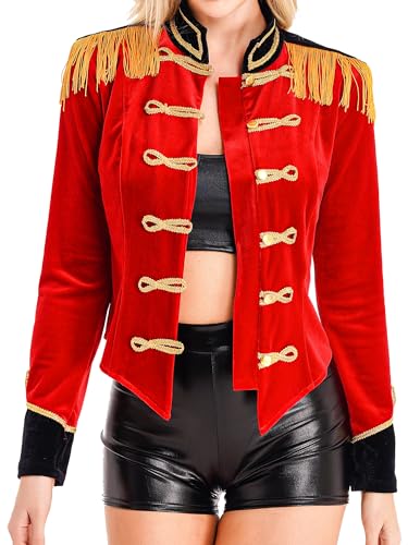 inlzdz Damen Zirkus Ringmaster Kostüm Halloween Cosplay Langarm Tailcoat Samt Board Jacke Mantel Zirkusdirektorin Sexy Faschingskostüm Weihnachten Karneval Rot A XL von inlzdz