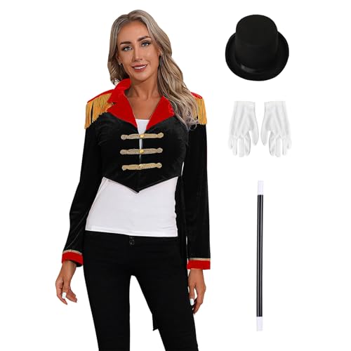 inlzdz Damen Zirkus Zirkusdirektor Kostüm Set Langarm Frack Jacke Samt Mantel mit Hut Zauberstab Handschuhe Zauberin Kostüm Mottoparty Fasching Kostüm Schwarz XXL inlzdz Damen Zirkus Zirkusdirektor Kostüm Set Langarm Frack Jacke Samt Mantel mit Hut Zauberstab Handschuhe Zauberin Kostüm Mottoparty Fasching Kostüm Schwarz XXL von inlzdz