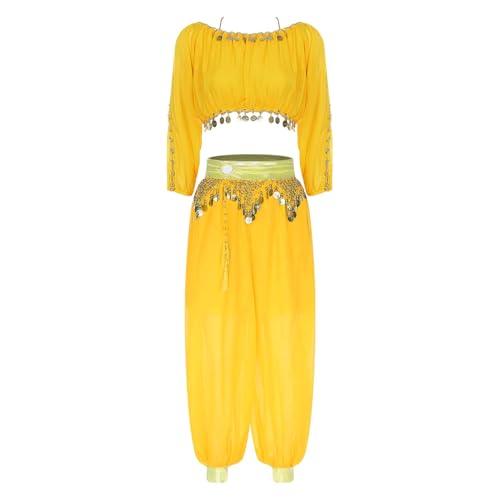 inlzdz Dammen Bauchtanz Kostüm Zweiteiler Belly Dance Tanzkostüm Langarm Crop Top Pumphose Tanzhose Mottoparty Halloween Kostüm Gelb Einheitsgröße von inlzdz