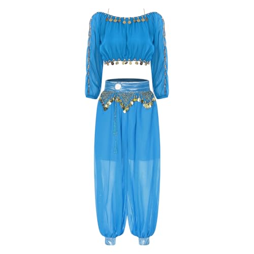inlzdz Dammen Bauchtanz Kostüm Zweiteiler Belly Dance Tanzkostüm Langarm Crop Top Pumphose Tanzhose Mottoparty Halloween Kostüm Hellblau Einheitsgröße von inlzdz