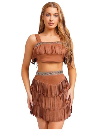 inlzdz Frauen Native Prinzessin Kostüm Set Vintage Quastenbesatz Crop Top Minirock Kunstleder Tribal Outfit Braun XXL inlzdz Frauen Native Prinzessin Kostüm Set Vintage Quastenbesatz Crop Top Minirock Kunstleder Tribal Outfit Braun XXL von inlzdz