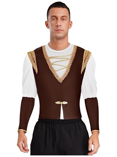 inlzdz Herren Mittelalter Kleidung Ballett Oberteil Hemd Tanztop Halbarm Shirts mit Goldbesatz Bühnen Performance Kostüm Weiß&Braun XXL inlzdz Herren Mittelalter Kleidung Ballett Oberteil Hemd Tanztop Halbarm Shirts mit Goldbesatz Bühnen Performance Kostüm Weiß&Braun XXL von inlzdz