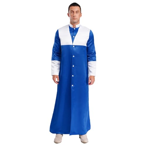 inlzdz Herren Priester Kostüm Lang Mantel Cassock Klerus Chor Robe mit Stehkragen Geistliche Anbetung Kostüm Taufkleidung Blau XXL von inlzdz