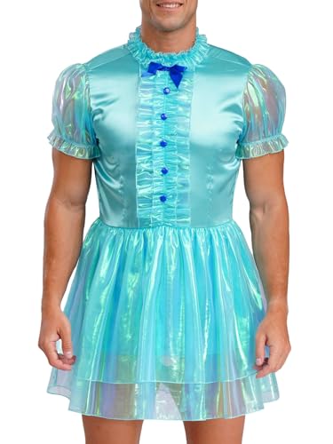 inlzdz Männer Sissy Maid Glitzer Puffärmel Rüschenkleid Verschließbares Crossdress Kostüm Halloween Kleid Blau XXL von inlzdz