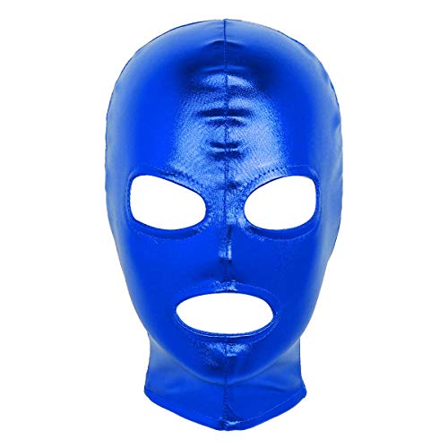 inlzdz Unisex Leder Kopfmaske Full Cover Latex Maske Fetisch Haubenmaske Rollenspiel Kostüm Sex Spielzeug Elastische Kopfhaube mit Augen und Mund Öffnung Blau One Size von inlzdz