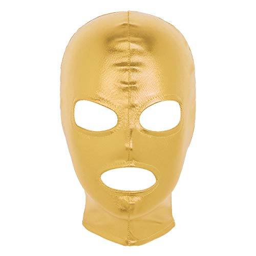inlzdz Unisex Leder Kopfmaske Full Cover Latex Maske Fetisch Haubenmaske Rollenspiel Kostüm Sex Spielzeug Elastische Kopfhaube mit Augen und Mund Öffnung Gold One Size von inlzdz