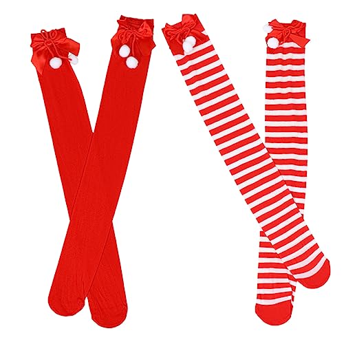 iplusmile 2 Paare Weihnachtliche Overknee Kniestrümpfe aus Hochwertigem Polyester mit Schleifen Streifen für Xmas Party Cosplay Festliche Winterstrümpfe Angenehm Elastisch und von iplusmile