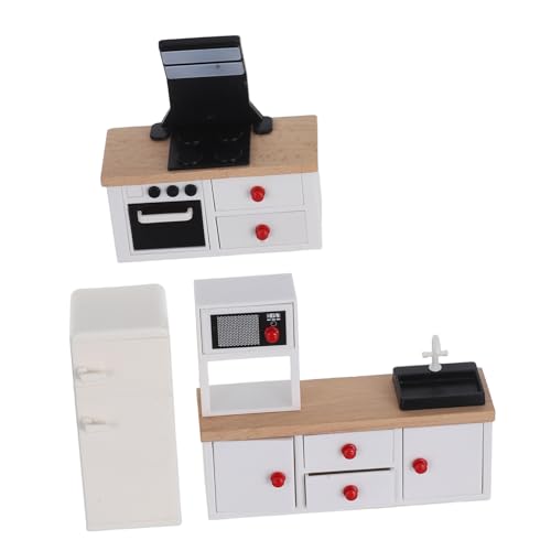 iplusmile 3 Stück Teiliges Miniatur Puppenhaus Küchenmöbel Weißer Mini Kühlschrank Schrank und Integrierter Herd Kindgerechtes Sicheres Design mit Abgerundeten Kanten Realistische von iplusmile