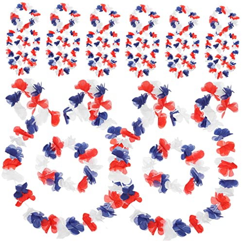 iplusmile 72 Stück Teiliges Hawaii Party Deko mit Künstlichen Blumen Haarbändern Armbändern und Halsketten Rot Weiß Blau Langlebige Leichte Luau Accessoires für Erwachsenenfeiern und von iplusmile