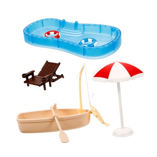 iplusmile Miniatur Puppenhaus Swimming Pool Set mit Mini Strandstuhl und Boot Detailreiche Dekoration für Puppenhaus Strand Mikrolandschaft Zubehör Geeignet für Miniatur Szenerien und von iplusmile