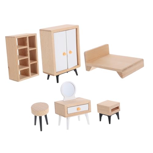 iplusmile Miniatur Schlafzimmer Möbel Teilig aus Vollholz Realistische Puppenhausmöbel mit Kleiderschrank Doppelbett Tisch Kommode und Hocker Robustes Tragbares Puppen Zubehör für Kreatives von iplusmile