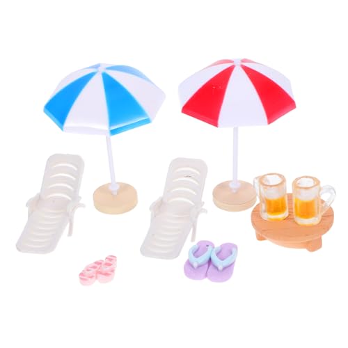 iplusmile Miniatur Strand Deko Set Teilig mit Liegestühlen Strandhausschuhen Sonnenschirmen aus Robustem Resin für DIY Puppenhaus und Gartendekoration Detailreiche Wetterfeste Miniatur von iplusmile