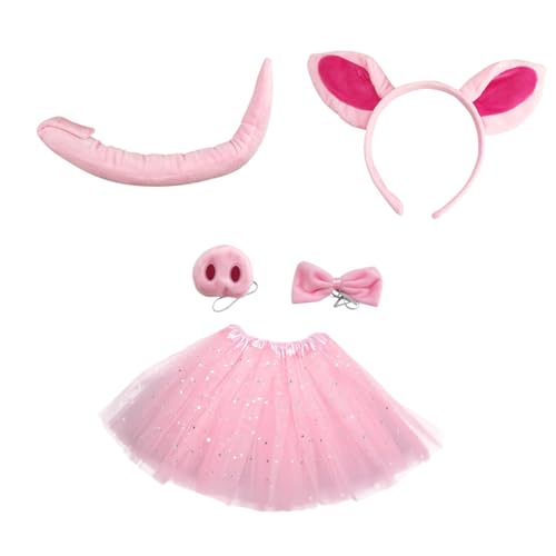 iplusmile Plüsch Schweineohren Haarreif Set mit Tüllrock und Fliege Kostüm für Karneval Geburtstag Rollenspiel Süßes Schwein Cosplay Zubehör mit Schweinenase und von iplusmile