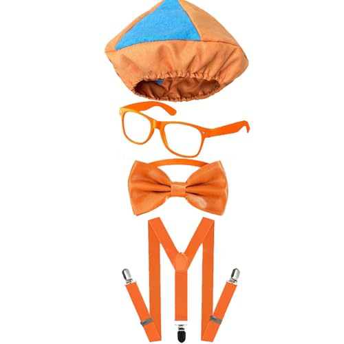 4-teiliges Kostüm-Rollenspiel-Zubehör, inklusive blau-oranger Hut, orangefarbener Hosenträger, Fliege, Brille, Halloween-Kostüm für Herren von ishenkea