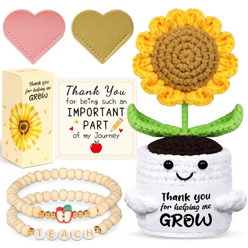Lehrer-Wertschätzungsgeschenk von Schüler, Valentinstagsgeschenke für Lehrer, Dankeschön-Geschenke für Frauen, handgefertigter gehäkelter Sonnenblumentopf, Armbänder, Herz-Lesezeichen Lehrer-Wertschätzungsgeschenk von Schüler, Valentinstagsgeschenke für Lehrer, Dankeschön-Geschenke für Frauen, handgefertigter gehäkelter Sonnenblumentopf, Armbänder, Herz-Lesezeichen von itswordpiz