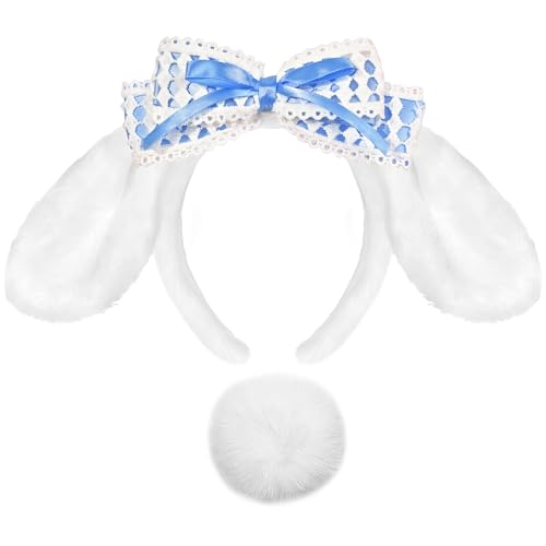 itswordpiz Pelzohren-Stirnband und Schwanz-Set, Plüsch-Hasenohren Stirnband und Schwanz Kostüm, Lolita Haarband mit Fliege und weißen langen Hasenohren Halloween Cosplay Kostüm Zubehör von itswordpiz