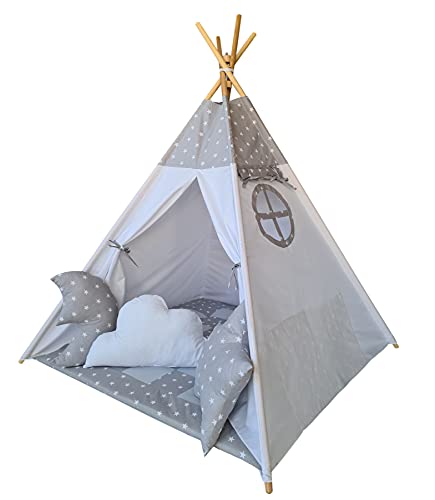 Izabell Kinder Spielzelt Tipi Set für Kinder drinnen draußen Spielzeug Zelt Indianer Indianertipi mit Fenster und mit Zubehör Tipizelt Wolke von izabell