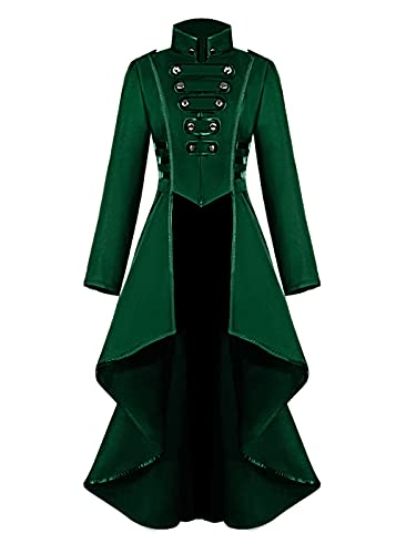 Damen Steampunk Vintage Frack Jacke Unregelmäßiger Saum Gothic Kleidung Viktorianischer Gehrock Lang Mantel Renaissance Mittelalter Cosplay Uniform Halloween Kostüm für frauen (Grün,S) von jakloz