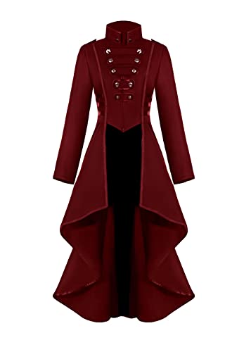 Damen Steampunk Vintage Frack Jacke Unregelmäßiger Saum Gothic Kleidung Viktorianischer Gehrock Lang Mantel Renaissance Mittelalter Cosplay Uniform Halloween Kostüm für frauen (Rot,2XL) von jakloz