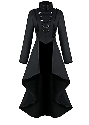 Damen Steampunk Vintage Frack Jacke Unregelmäßiger Saum Gothic Kleidung Viktorianischer Gehrock Lang Mantel Renaissance Mittelalter Cosplay Uniform Halloween Kostüm für frauen (Schwarz,2XL) von jakloz