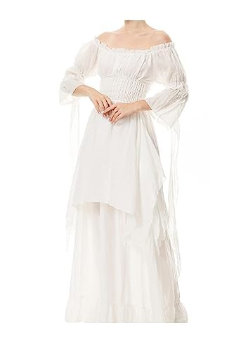 Halloween Kostüm Damen,Mittelalter Renaissance Kleidung mit Korsett Gürtel Retro Maxikleid Viktorianischen Gothic Kleid Halloween Karneval Party Cocktailkleid(Weiß,M) von jakloz