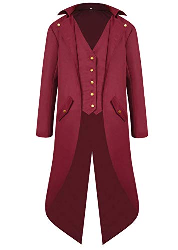 Halloween Mittelalter Viktorianische Jacke Kostüme für Männer, Steampunk Gothic Frack Mantel Uniform, Renaissance Piraten Vampir Cosplay Kostüme for Herren Erwachsene(Rot,XL) von jakloz