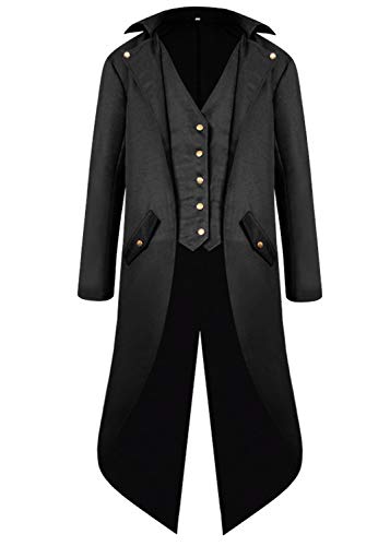 Halloween Mittelalter Viktorianische Jacke Kostüme für Männer, Steampunk Gothic Frack Mantel Uniform, Renaissance Piraten Vampir Cosplay Kostüme for Herren Erwachsene(Schwarz,2XL) von jakloz