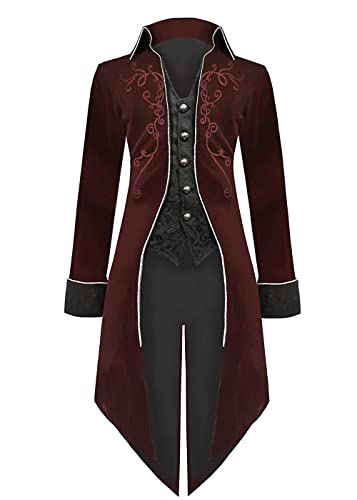 Herren Mittelalter Steampunk Jacke Gothic Frack Mantel Faschingskostüme,Renaissance Retro viktorianische Hof Stickerei Mantel, Halloween Piraten Vampir Cosplay Kostüme für Männer(Rot,L) von jakloz