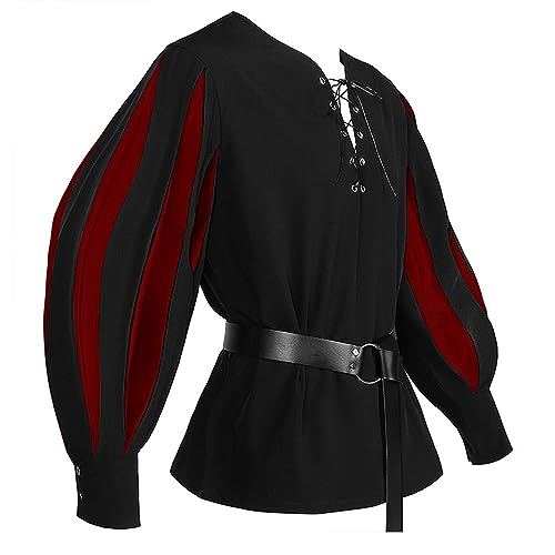 Herren Retro Mittelalter Kostüm Hemd Langarm Viking Piraten Schnürhemd Halloween Kostüm Renaissance Viktorian Karneval Fasching Cosplay Tops(Schwarz,S) von jakloz