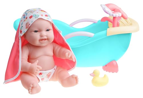 JC TOYS Lots to Love Babies Puppe aus weichem Vinyl, 36 cm, inklusive Badewanne mit funktionaler Dusche und 6 Zubehörteilen, ideal zum Spielen, Rosa, entworfen von Berenguer, 2 Jahre von jc toys