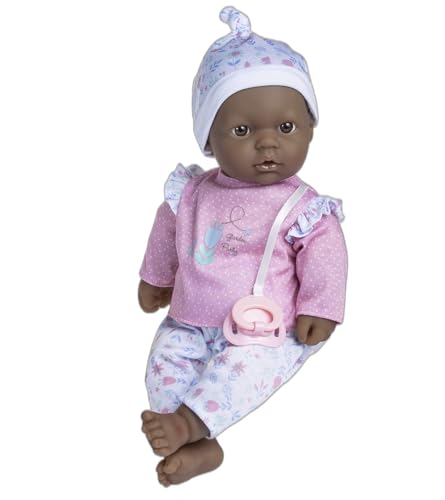 JC TOYS La Baby, afroamerikanische Puppe, 40 cm, weicher und waschbarer Körper, magische Flasche und Schnuller, Rosa, Blumenmuster, entworfen in Spanien, 12 Monate von jc toys