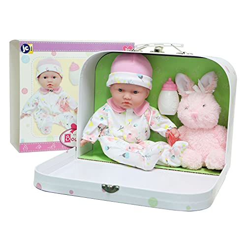 JC Toys La Baby Reiseetui-Geschenkset, kaukasische 27,9 cm große, kleine, weiche Babypuppe, waschbar, süßes Outfit, Flasche, Schnuller und Plüschhase, für Kinder ab 12 Monaten, Rosa von JC Toys