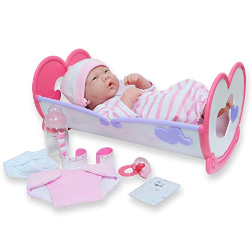 JC TOYS - La Newborn Neugeborenen-Puppe, 36 cm, aus weichem Vinyl, inkl. Schaukelbett und 7 Zubehörteilen, Rosa, entworfen in Spanien von Berenguer, 2 Jahre von jc toys