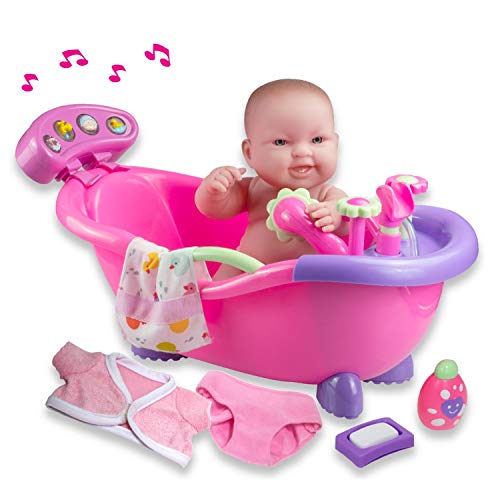 JC TOYS - Lots to Love Babies Puppe 36 cm aus weichem Vinyl, inkl. Musikbadewanne mit funktionaler Dusche und 6 Zubehörteilen, ideal zum Spielen, Rosa, entworfen von Berenguer, 2 Jahre von jc toys