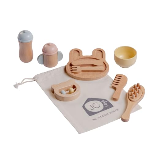 JC Toys - Pflegeset, 10-teilig, Holz-Set, Hygienezubehör und Fütterung für Kinder, Simulationsspiele, inklusive Aufbewahrungstasche, ideal zum Verschenken, + 3 Jahre von jc toys