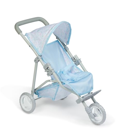JC TOYS Faltbarer Kinderwagen mit 3 Rädern, für Puppen bis 45 cm, Korb und Verdeck, ideal zum Spielen und Spazieren, Blau mit Blumendekoration, entworfen von Berenguer, ab 3 Jahren von JC TOYS