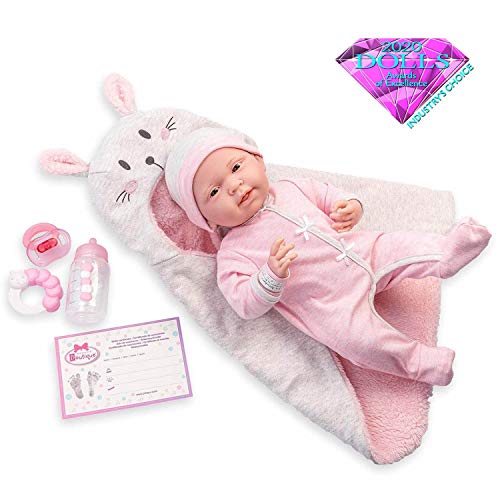 jc toys Die Newborn Puppe für Neugeborene, 38 cm, aus weichem Vinyl, mit Strampler und 5 Zubehörteilen, Rosa, entworfen in Spanien von Berenguer, ab 2 Jahren von jc toys
