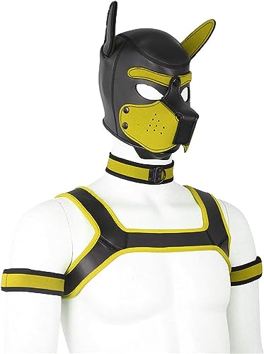 jecrizy 4 Sets Neopren Welpenhaube Tierkopfmaske Neuheit Kostüm Hund (Maske + Halsband + Armband + Geschirr) (groß, gelb) von jecrizy