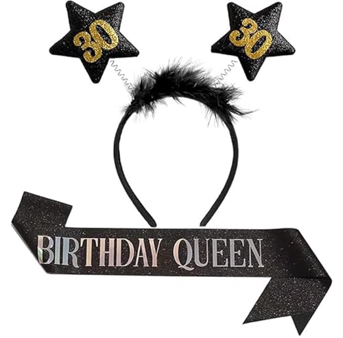 2er Set 30. Geburtstag Haarreif und Birthday Queen Schärpe Schwarz Geburtstag Schärpe Geburtstag Stirnband mit Sternen 30 Geburtstagshaarreif Schärpe für Frauen, 30. Geburtstag Geschenke Partyzubehör von jenich