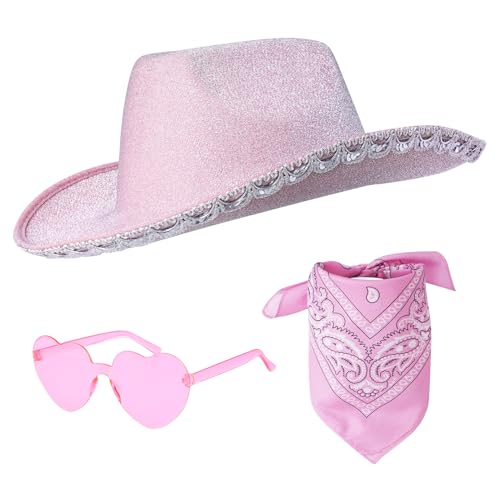 3er Cowboy Hut mit Herzbrille Partybrille Cowgirl Hut Kostüm für Erwachsene Rodeo Wilder Westen Cosplay Karneval Mottoparty Halloween Party (Pink) von jerbro