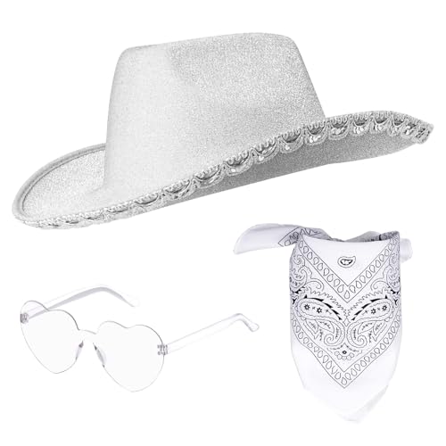 3er Cowboy Hut mit Herzbrille Partybrille Cowgirl Hut Kostüm für Erwachsene Rodeo Wilder Westen Cosplay Karneval Mottoparty Halloween Party (Weiß) von jerbro